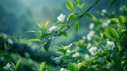Springtime Serenity: Jasmine Branch in Full Bloom. Close-up of a jasmine branch as it bursts into bloom, with delicate white flowers against a lush green backdrop, symbolizing spring and renewal.