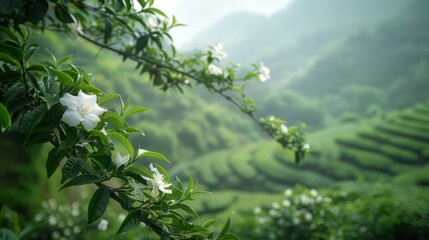 Springtime Serenity: Jasmine Branch in Full Bloom. Close-up of a jasmine branch as it bursts into bloom, with delicate white flowers against a lush green backdrop, symbolizing spring and renewal.