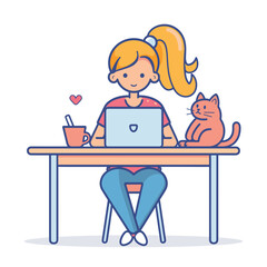 Young woman working laptop desk, cheerful ponytail, orange cat companion, coffee mug. Cartoon workspace, remote work concept, vibrant colors, friendly atmosphere, heart symbol. Female freelancer