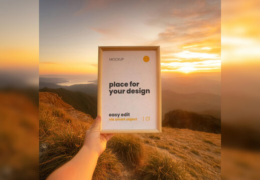 Poster Frame Mockup being hold with Nature Background Generative Ai