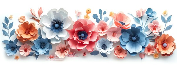 Colorful paper flowers in blue, pink, and orange hues arranged in a decorative row, ideal for creative projects and design inspiration.