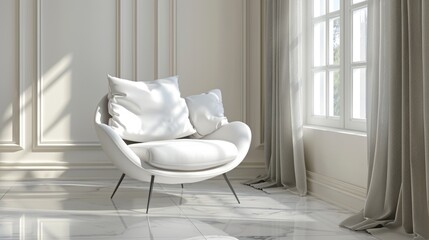 Contemporary White Armchair in Bright Room. A modern white armchair positioned by a sunlit window, showcasing minimalistic and contemporary interior design.