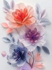 Fototapeta premium Delicate pastel-colored paper flowers and leaves arranged in a captivating floral composition, showcasing intricate craftsmanship.
