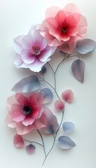 Delicate pastel flowers and leaves on a white background, showcasing a beautiful gradient of soft pinks and purples.