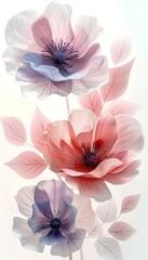 Fototapeta premium Delicate pink and purple flower , showcasing detailed petals and soft leaves on a white background, evoking elegance and grace.