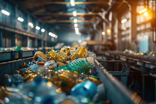 Close-up of a conveyor belt in a recycling facility with a focus on plastic bottles, illustrating the specifics of plastic recycling.