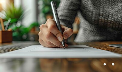 A close-up shot of a person writing with a pen on paper, set in a cozy indoor environment with blurred background featuring plants.
