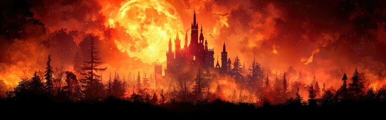 A fiery castle engulfed in flames against a dramatic sunset, with dark silhouettes of trees in the foreground.