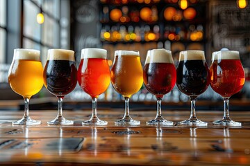 A variety of craft beers in elegant glasses on a wooden table in a cozy pub with a warm atmosphere and soft lighting.