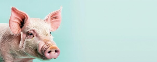 Close-up of a cute pig on a light turquoise background, perfect for animal themes, farm-related content, and educational use.