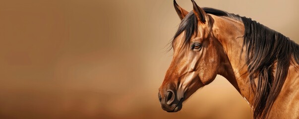 Obraz premium Close-up of a majestic brown horse with a calm expression against a soft, warm background. Perfect for equine or animal-themed projects.