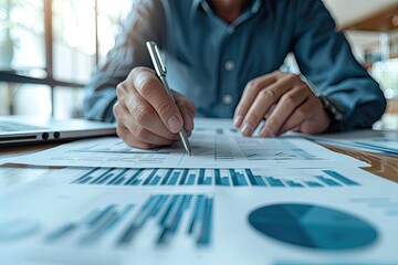 Close-up of a person working on financial documents with charts and graphs, analyzing data and making calculations in an office setting.