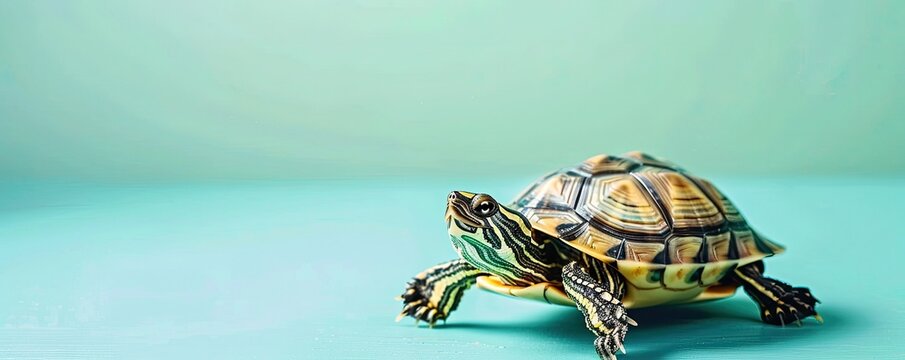 Close-up of a small turtle on a turquoise background. The turtle is walking away from the right side, showcasing its shell and vivid colors.