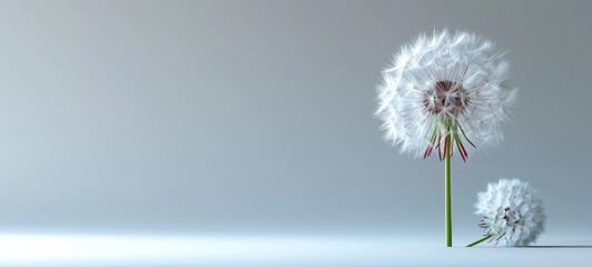 Close-up of two dandelions with delicate seeds set against a soft blue background, illustrating simplicity and nature's beauty.