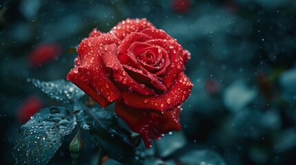 Dew-Kissed Red Rose Close-Up. A macro shot of a vibrant red rose covered in dew droplets, emphasizing its exquisite beauty and detail.