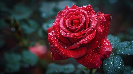 Dew-Kissed Red Rose Close-Up. A macro shot of a vibrant red rose covered in dew droplets, emphasizing its exquisite beauty and detail.