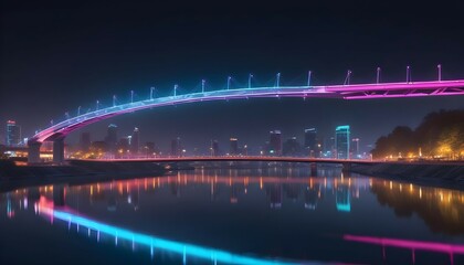 Fototapeta premium A panoramic view of a futuristic, neon-lit bridge spanning a calm river, reflecting the vibrant colors of the lights above.