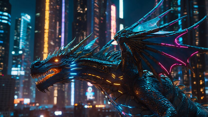 Sci-Fi Robot Dragon in Futuristic City - Cybernetic Creature Amidst Urban Landscape