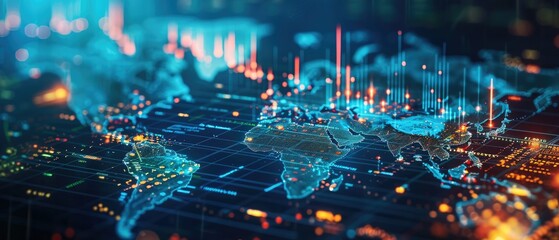 Obraz premium Digital world map showing connectivity with glowing lines and data plots, representing global technology and information networks.