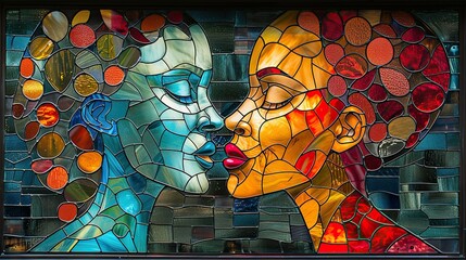 a cubist abstract stained glass window using gem tones depicting a smiling young couple, embracing in love