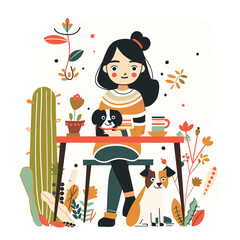 Young Asian woman sitting wooden table, smiling, holding black white puppy. Indoor plants, second dog feet, cozy atmosphere, flat design. Casual outfit, striped shirt, home environment, happy pet