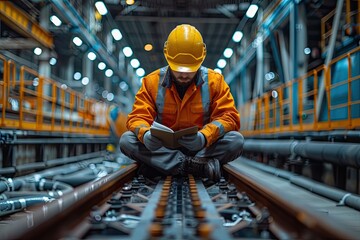 Engineer in safety gear inspecting site plans while sitting on industrial rails in a factory. Industrial engineering and safety concept.