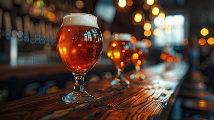 Glasses of craft beer on a rustic wooden bar with a warm, ambient background, bokeh lights, and cozy atmosphere in a pub or bar setting.