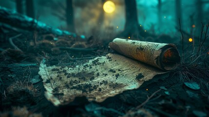 Ancient scroll, partially burned, revealing powerful runes and a hidden map, under moonlight in a forgotten forest