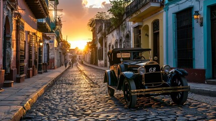 Antique car on a cobblestone street at dusk, with shadows of historic buildings and the soft glow of the setting sun