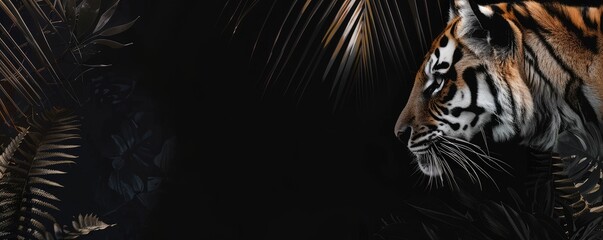Majestic tiger with vivid stripes, framed by dark foliage, creating an enigmatic atmosphere in a natural habitat. Perfect for wildlife themes.
