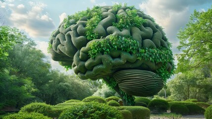 Artistic brain-shaped topiary with an array of green plants, emphasizing eco-friendly design and sustainable landscaping