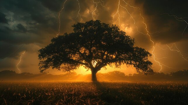 Majestic tree with lightning storm at sunset, dramatic lighting and intense atmosphere creating a powerful natural scene.