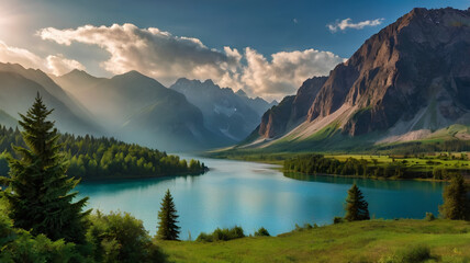 Majestic Mountain Landscape with Tranquil Lake and Lush Greenery at Sunset