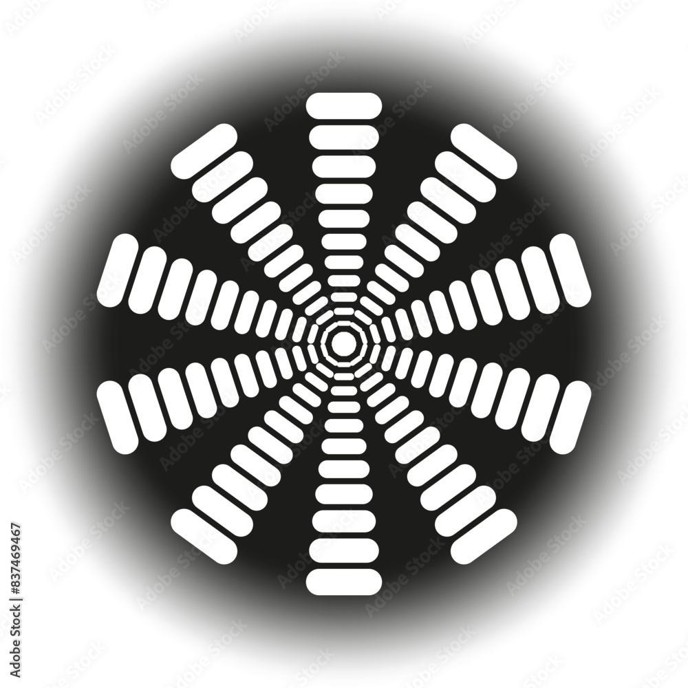 Poster radial abstract design. white rounded bars. black gradient background. optical illusion vector.