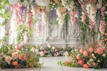 Beautiful floral arrangement of cascading flowers with pastel colors, perfect for wedding decor and spring celebrations in an elegant setting.