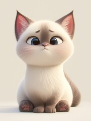 Adorable animated kitten with big blue eyes sitting and looking up, capturing a cute and innocent expression.