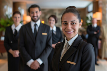 Photography of Portugal team of professional workers in a modern hotel.	
