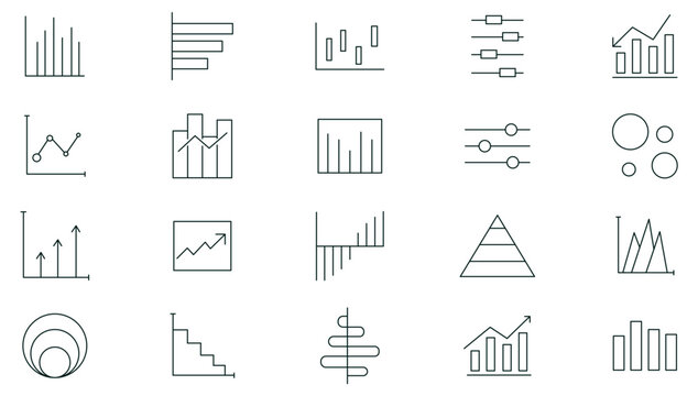 Growing bar graph line icon set. Business graphs and charts icons, line charts, finance report, income growth, economy statistic, gantt diagram, infographic, bar charts, pie charts.