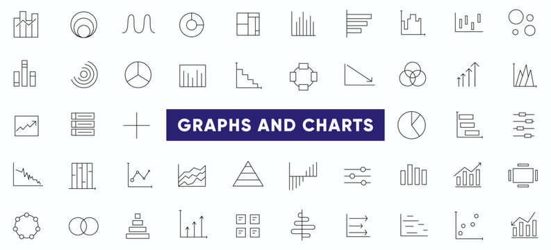Growing bar graph line icon set. Business graphs and charts icons, line charts, finance report, income growth, economy statistic, gantt diagram, infographic, bar charts, pie charts.
