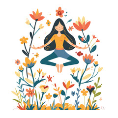 Woman meditating surrounded flowers, feeling peace connection nature. Female character lotus position practicing yoga garden blooming colorful flora. Happy young woman enjoying tranquility