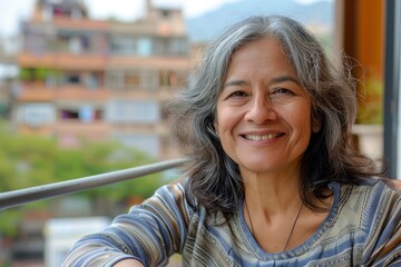 An elderly hispanic woman with a smile sitting outdoors on a balcony against an urban background