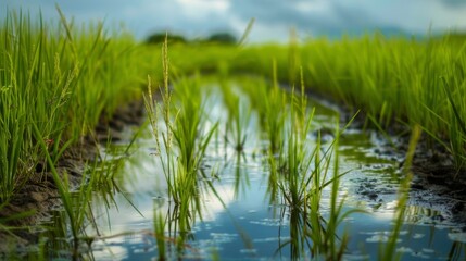 Obraz premium Paddy Fields with Water Reflecting the Sky for Tranquil Rural Marketing