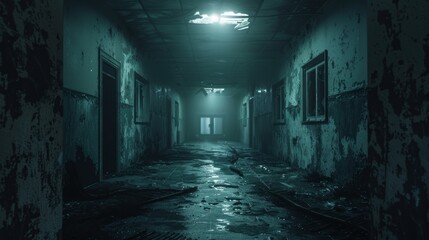 Creepy hospital corridor shrouded in darkness, shattered windows letting in moonlight, unsettling atmosphere, cold and desolate