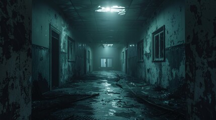 Fototapeta premium Creepy hospital corridor shrouded in darkness, shattered windows letting in moonlight, unsettling atmosphere, cold and desolate