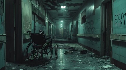 Dark hospital corridor at night, broken wheelchairs scattered, unsettling graffiti on the walls, distant eerie whispers