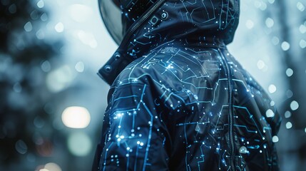 Detailed view of a cutting-edge smart jacket, showcasing nanotech fibers, double exposure with holographic data projections
