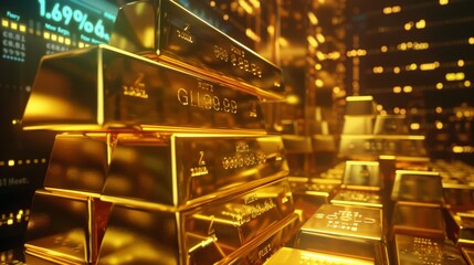 A variety of gold bars neatly stacked beside a digital screen showing live gold prices, symbolizing wealth, investment, and financial market dynamics.