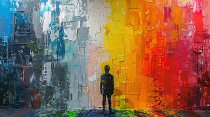 Obraz premium Enigmatic figure painting a dull, gray world with vibrant colors, each stroke bringing life and transformation to the surroundings