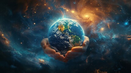 Divine hands holding Earth aloft, glowing brightly amidst a swirling star-filled cosmic scene, symbolizing guardianship and celestial harmony