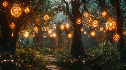 Enchanted garden adorned with alchemical symbols that seem to dance in the light, glowing plants and mythical creatures hidden among the foliage